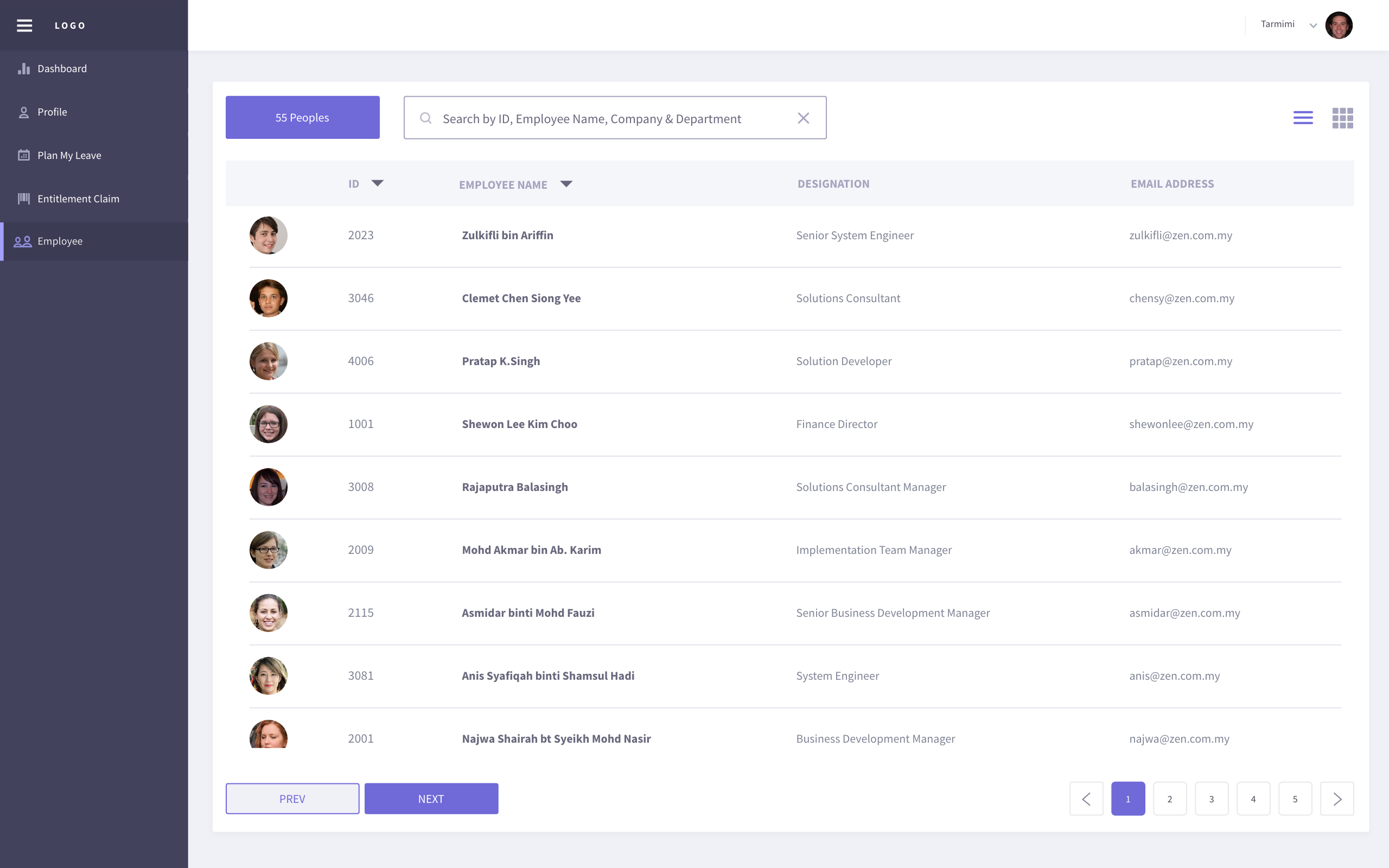 Employee directory (list view)