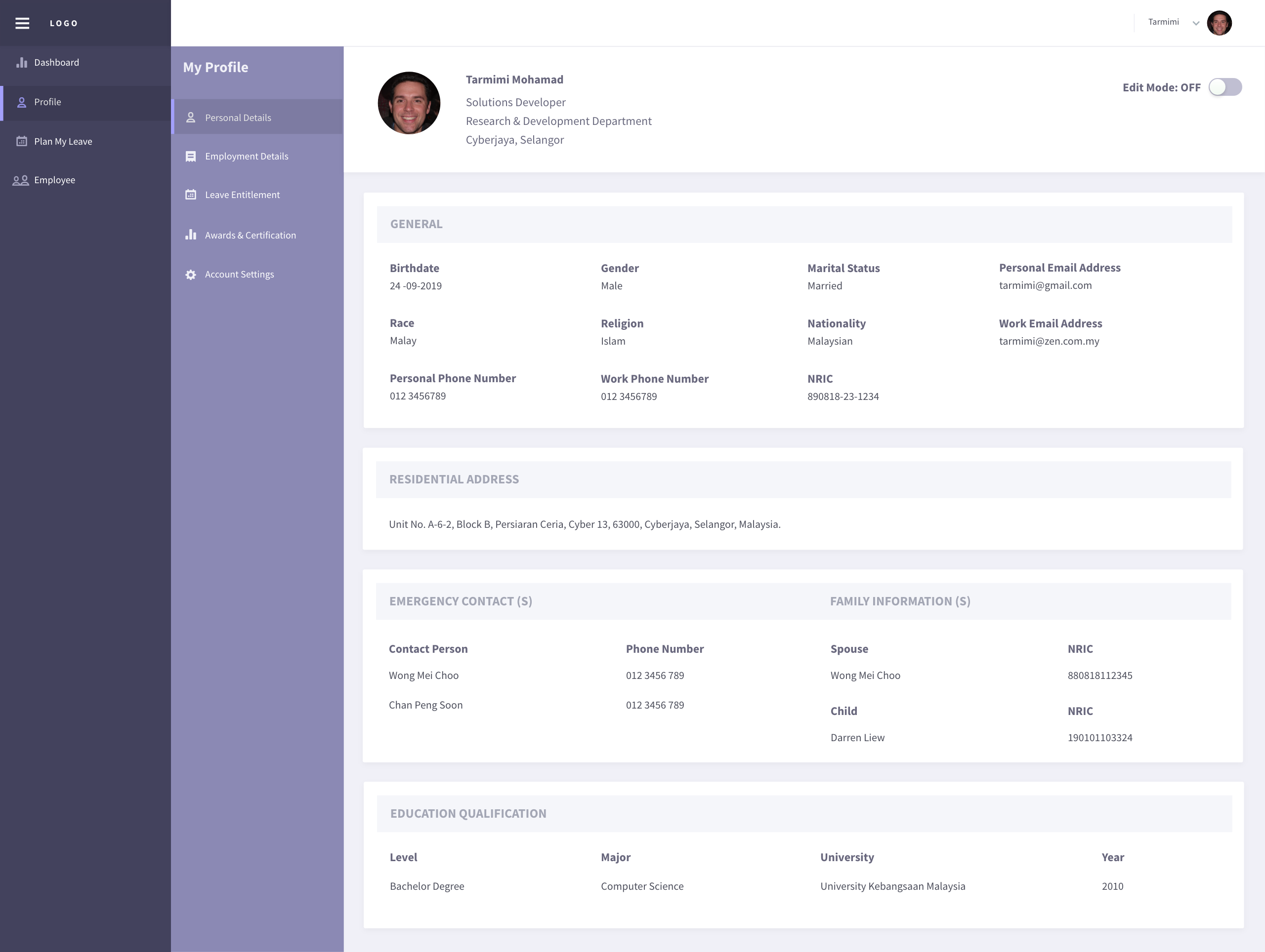 Personal details overview